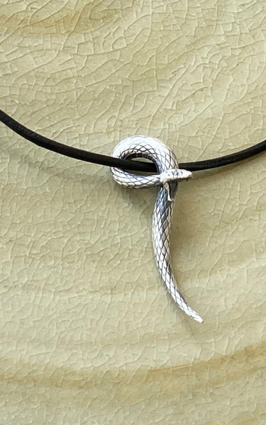 Silver snake pendant, large snake pendant with leather 