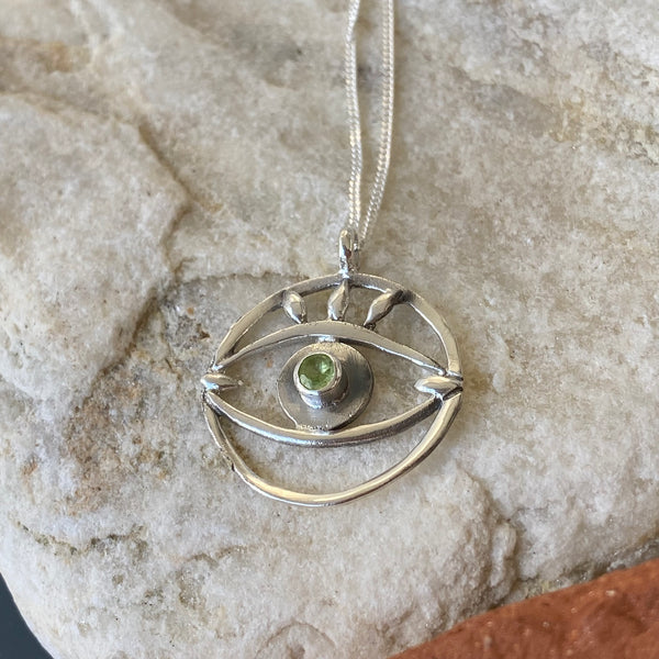 Large evil eye pendant, peridot pendant, silver eye pendant silver chain, eye jewelry
