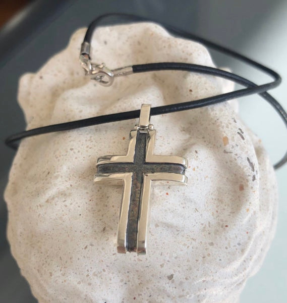 Men’s cross necklace, leather cord, black silver cross pendant 