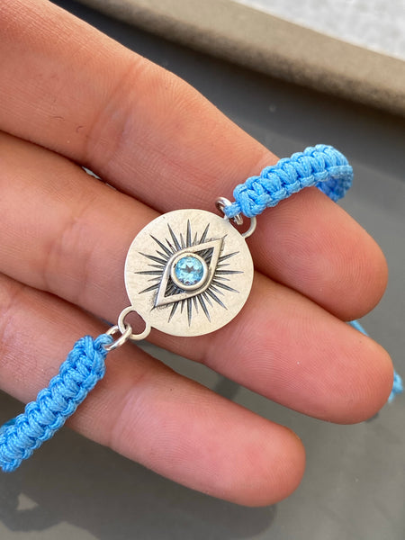 Evil eye bracelet, blue topaz bracelet, evil eye circle bracelet 