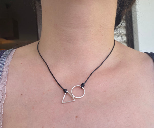 Silver Circle and Triangle necklace black leather