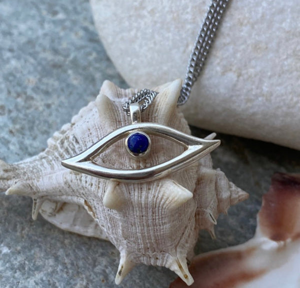 Evil eye necklace blue lapis stainless steel chain