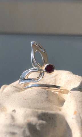 flower ring, red garnet silver ring, contemporary silver ring adjustable 