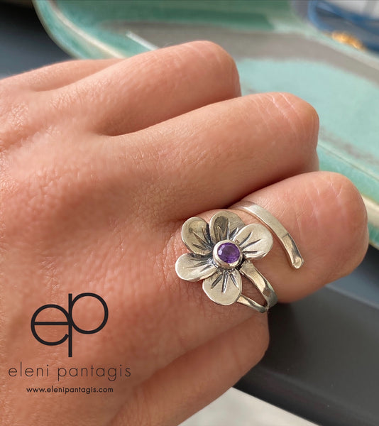 Flower ring silver, amethyst silver ring, amethyst flower ring 