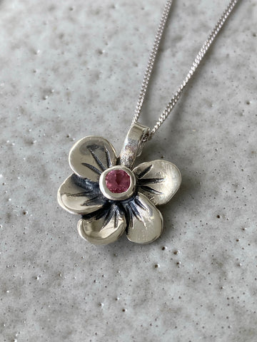 flower pendant, pink tourmaline silver necklace, poppy flower necklace 