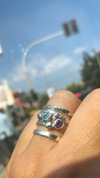 Spiral ring, multi gemstone ring, blue topaz and amethyst gemstone sterling silver ring 