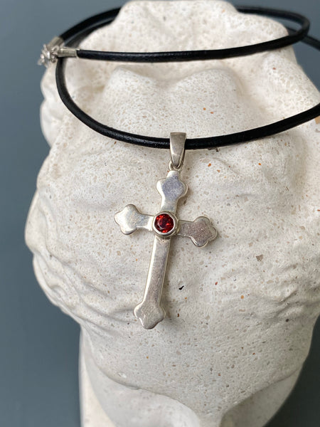 silver cross, woman’s silver cross Byzantine cross with red gem 