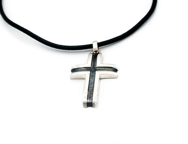 Men’s cross necklace, leather cord, black silver cross pendant 