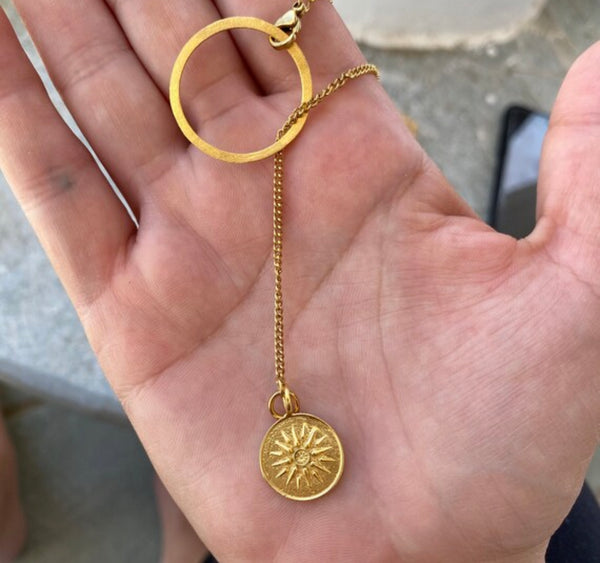 Lariat necklace gold circle with Macedonian star greek necklace