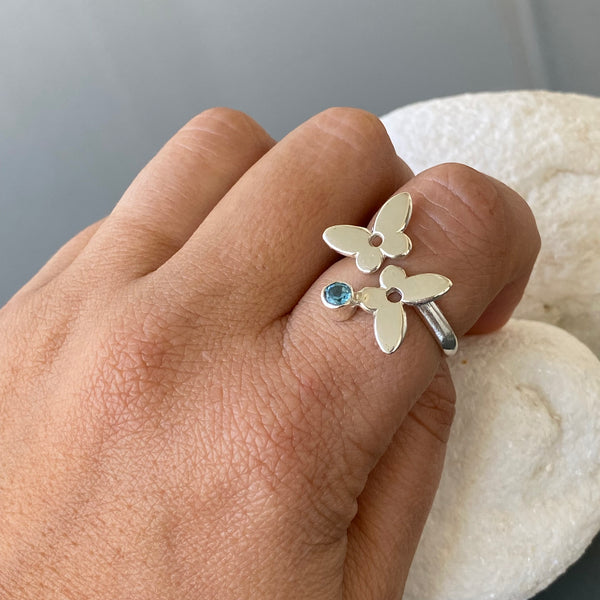 Silver butterfly ring, butterfly ring with gemstone blue topaz ring