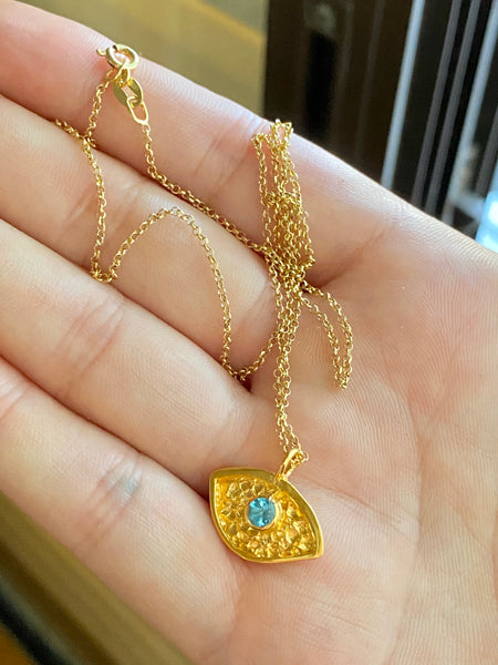 Gold evil eye pendant, sterling silver blue topaz gemstone evil eye 