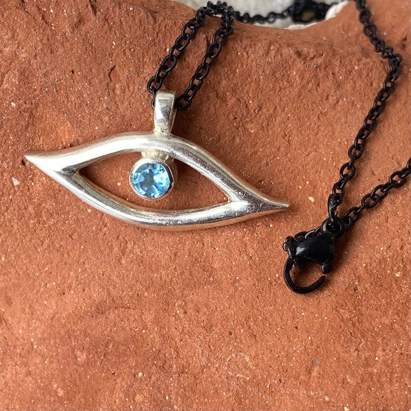 Evil eye necklace silver topaz black stainless steel chain