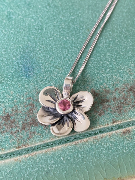 flower pendant, pink tourmaline silver necklace, poppy flower necklace 