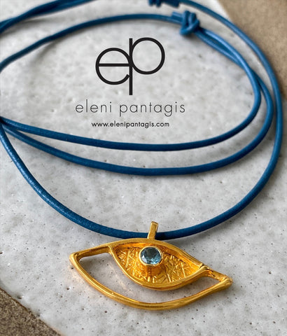 Evil eye pendant gold, sterling silver blue topaz gemstone evil eye 