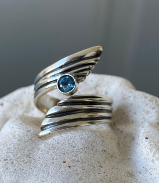 Blue gemstone ring silver, adjustable silver ring 