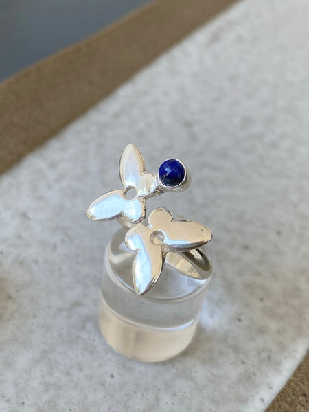 Silver butterfly ring, butterfly ring with gemstone blue lapis ring