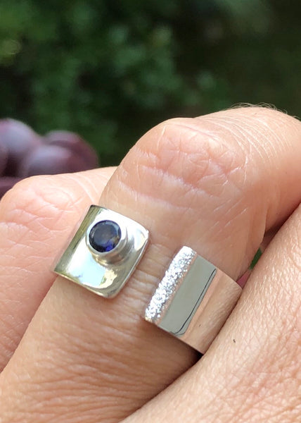 blue iolite silver ring adjustable silver ring blue stone ring 