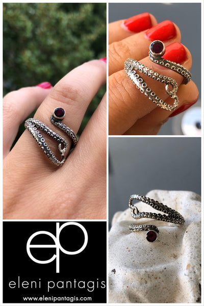 octopus silver ring, red garnet ring, tentacle ring, silver adjustable ring 