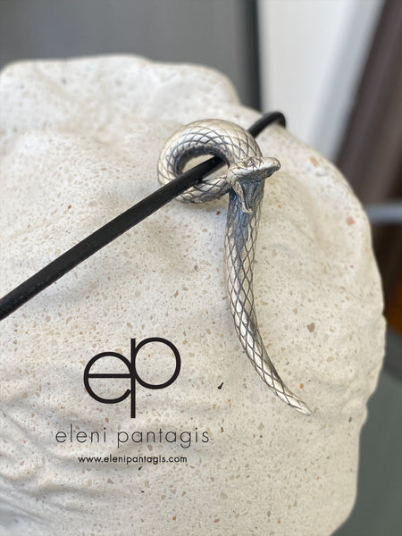 Silver snake pendant, large snake pendant with leather 