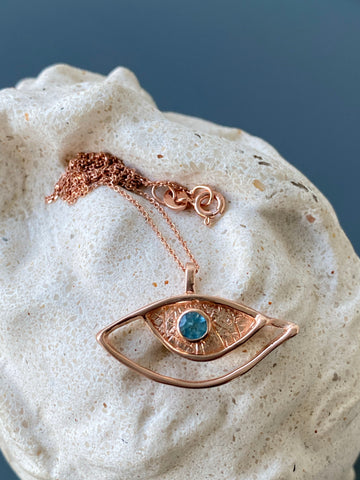 Evil eye necklace rose gold, sterling silver blue topaz gemstone pink evil eye