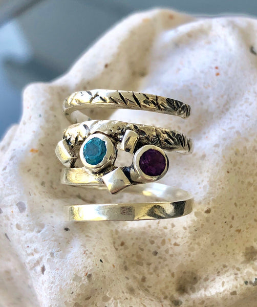 Spiral ring, multi gemstone ring, blue topaz and amethyst gemstone sterling silver ring 