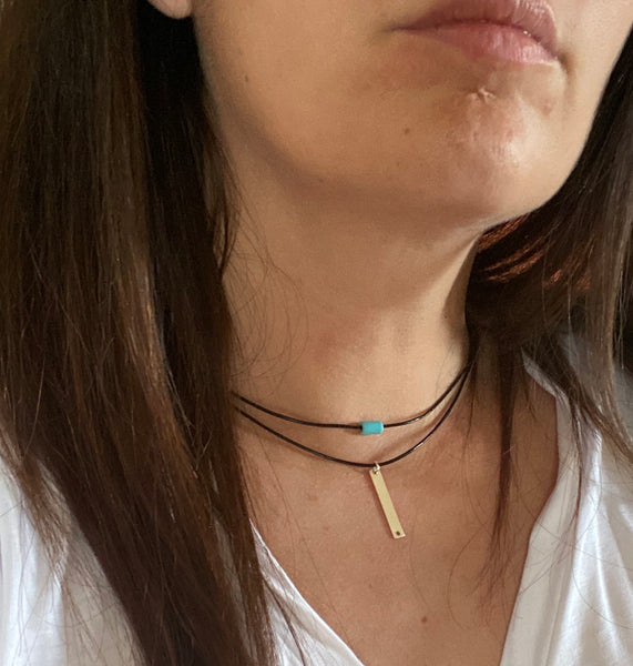 Silver bar chocker black leather necklace with turquoise stone