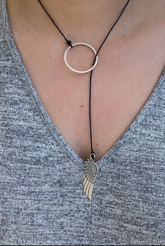 Lariat necklace silver circle and angel wing necklace 