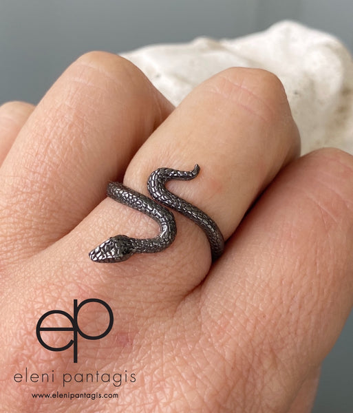 Black snake ring, silver adjustable snake ring 