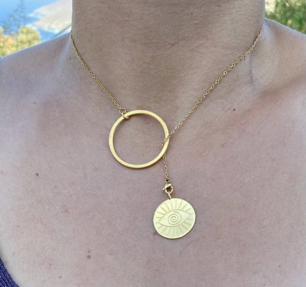 Circle lariat necklace gold, 45cm stainless steel chain large eye coin with circle