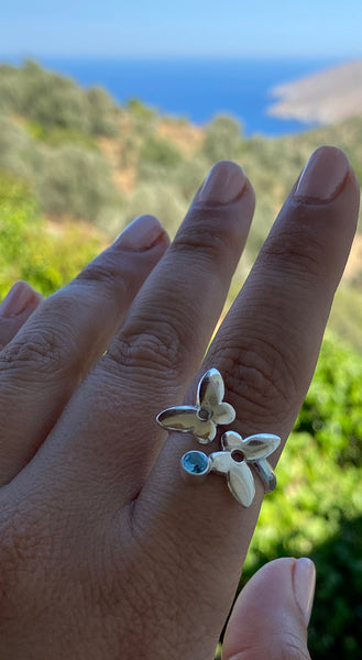 Silver butterfly ring, butterfly ring with gemstone blue topaz ring