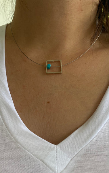 Silver square necklace with turquoise on a stainless steel wire