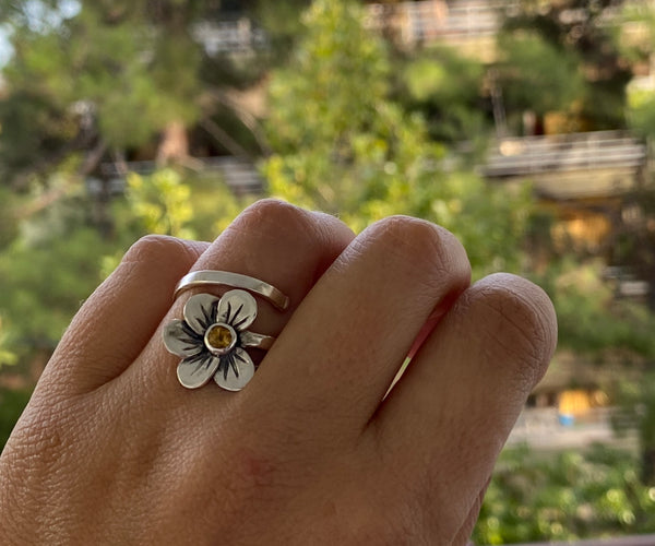 Flower ring silver, adjustable citrine silver ring
