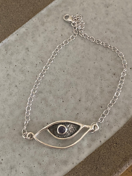 eye bracelet, silver eye bracelet with blue iolite stone, evil eye bracelet 