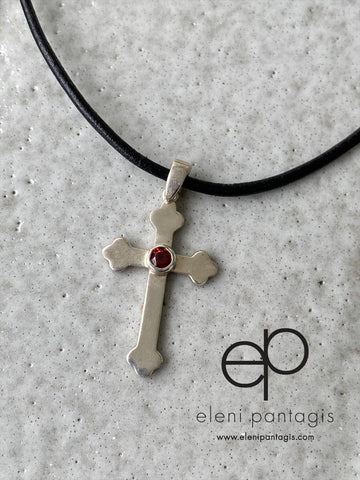 silver cross, woman’s silver cross Byzantine cross with red gem 
