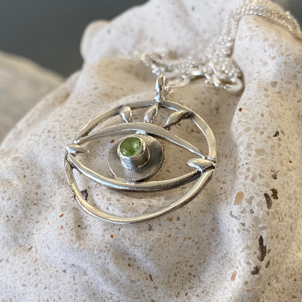 Large evil eye pendant, peridot pendant, silver eye pendant silver chain, eye jewelry