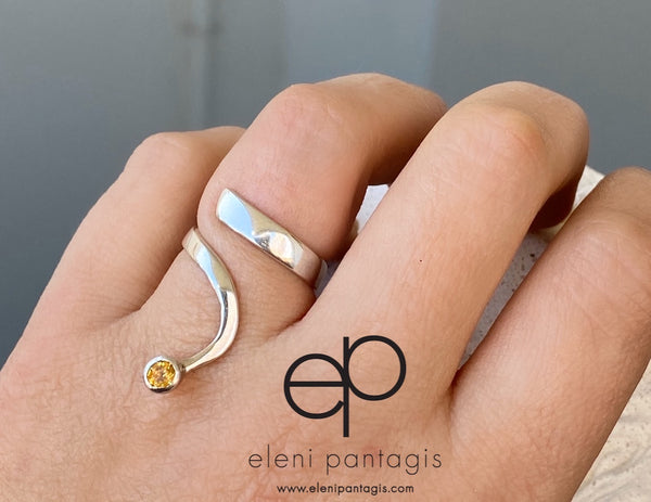 citrine silver wave ring, citrine ring, November birthstone silver ring 