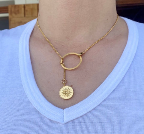 Lariat necklace gold circle with Macedonian star greek necklace