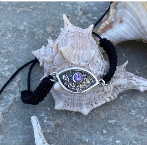 Evil eye bracelet with a purple gemstone, amethyst eye bracelet