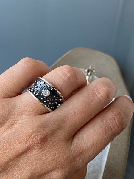 Silver ring gemstone ring, starry night ring