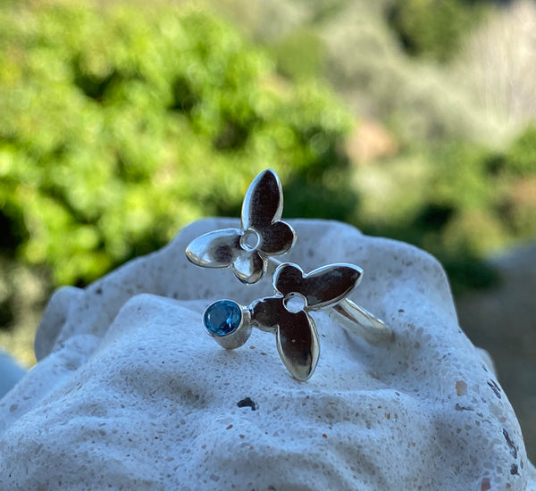 Silver butterfly ring, butterfly ring with gemstone blue topaz ring