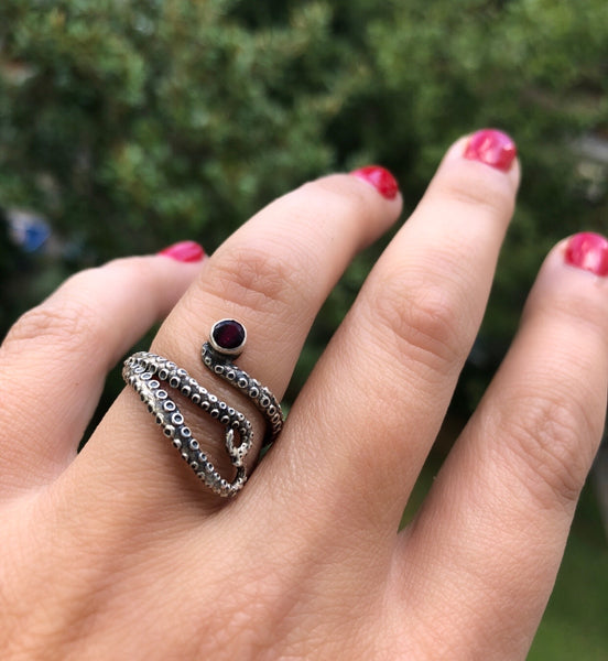 octopus silver ring, red garnet ring, tentacle ring, silver adjustable ring 