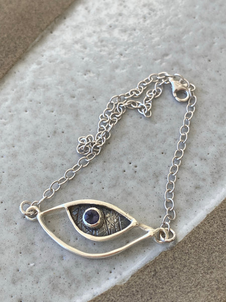 eye bracelet, silver eye bracelet with blue iolite stone, evil eye bracelet 