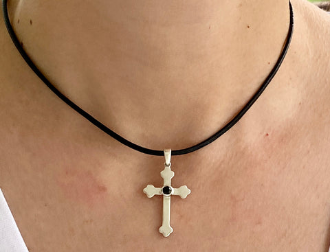 silver cross, woman’s silver cross Byzantine cross black gemstone 
