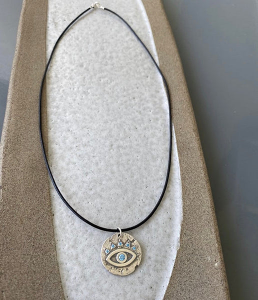 Evil eye necklace coin, evil eye with blue gemstones 