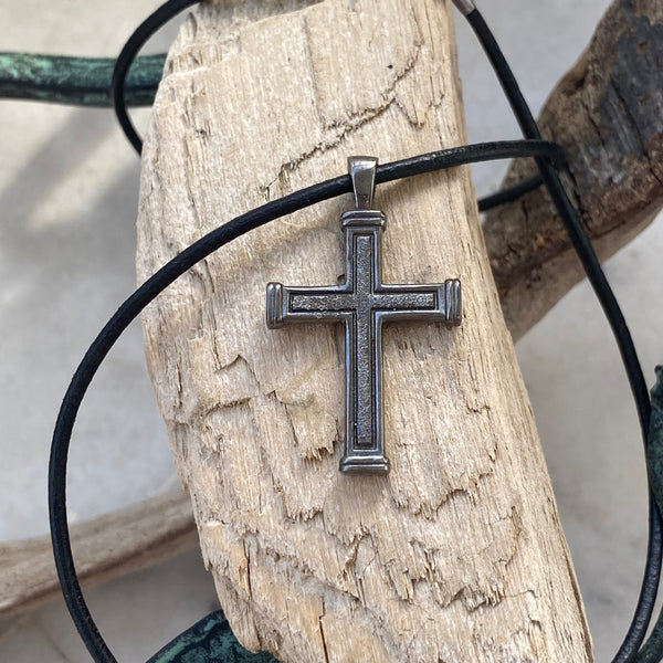 Men's black cross necklace with leather cord