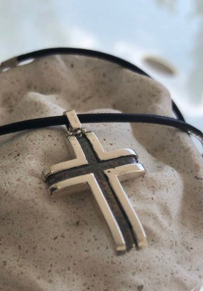 Men’s cross necklace, leather cord, black silver cross pendant 