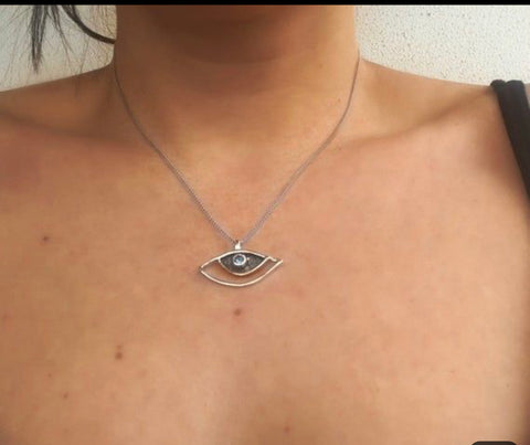 eye pendant, blue topaz pendant, silver eye pendant silver chain 