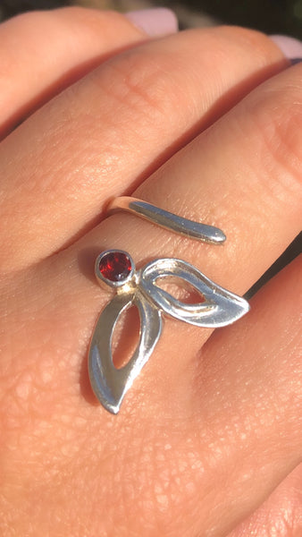 flower ring, red garnet silver ring, contemporary silver ring adjustable 
