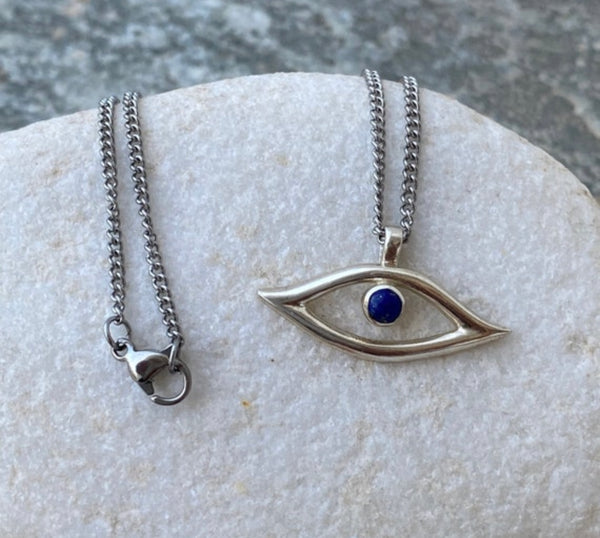 Evil eye necklace blue lapis stainless steel chain