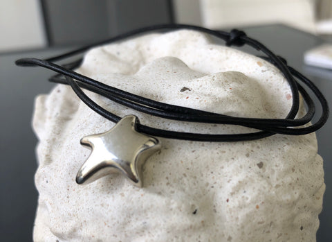 Silver star necklace with leather adjustable cord 